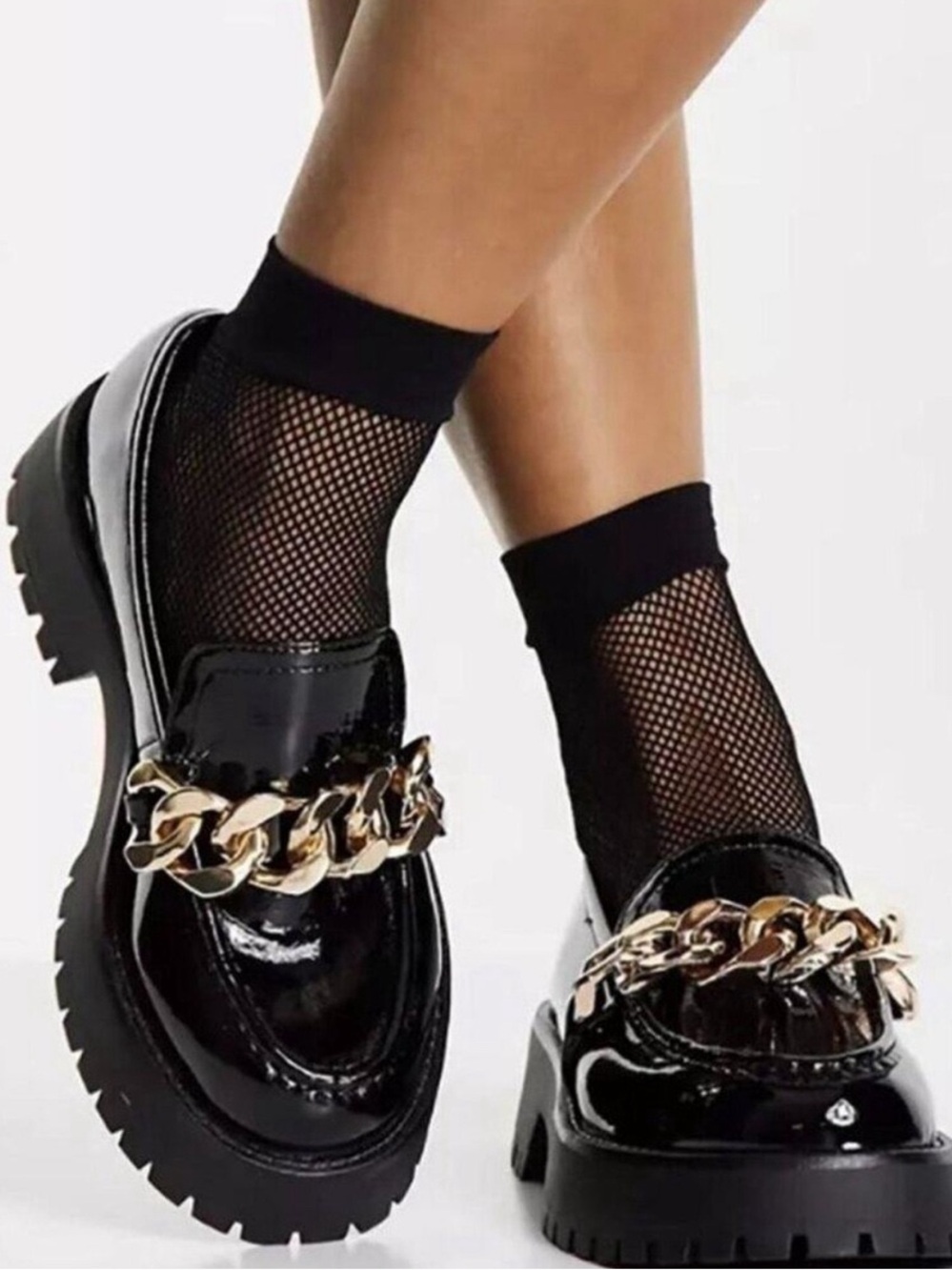Guess Black Womens Loafers 7.5 Chunky Y2K Platform Heel Patent Chain Grunge Fall